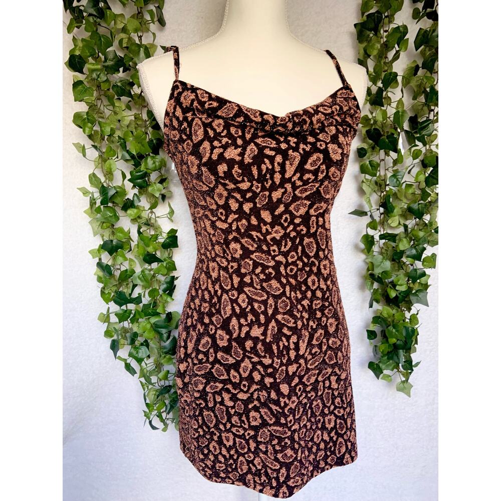 Forever 21 Black Rose Gold Cheetah Print Cowl Neck Strappy Mini Dress Small - Picture 2 of 9